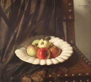 A still life with apples on a white Delft gadrooned charge