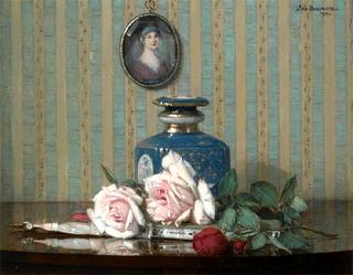 A still life with roses and a fan