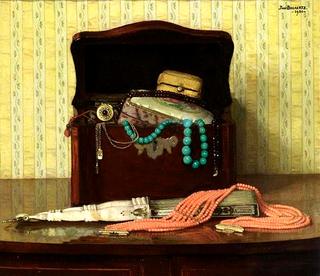 A still life with a jewel-case, a garnet necklace, a coral necklace and a mother of pearl fan