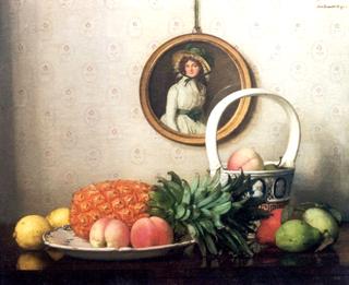 A still life with abricots, lemons and a pineapple