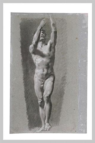 Etude d'homme de face, les bras levés