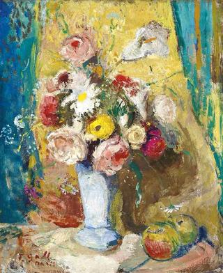 Bouquet champêtre au vase blanc et aux pommes
