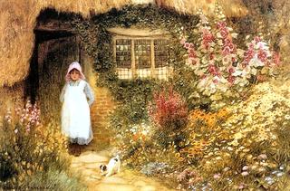 Girl with Dog Outside Cottage