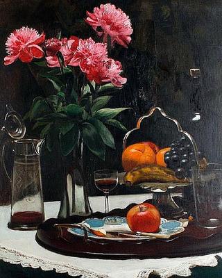 Still life of flowers, fruit and claret