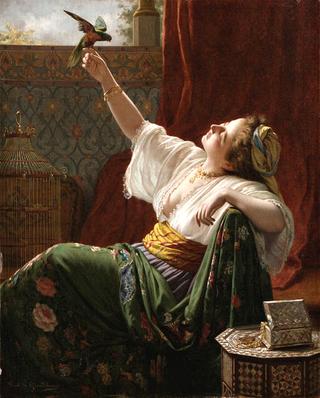 A beauty holding a bird