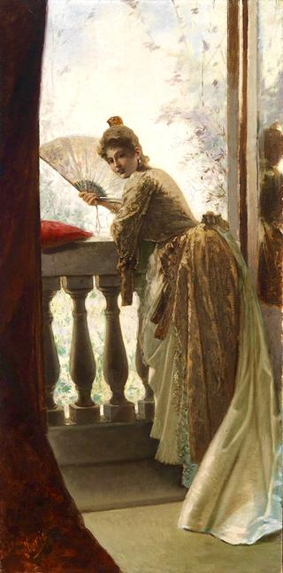 Lady with fan on the balcony