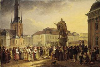 Swedish Folk around the Statue of Gustav I