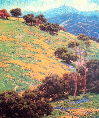California Landscape with Live Oaks and Poppy Fields