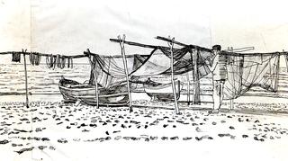 Man Tending Drying Nets