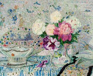Nature morte au bouquet,panier et éventail