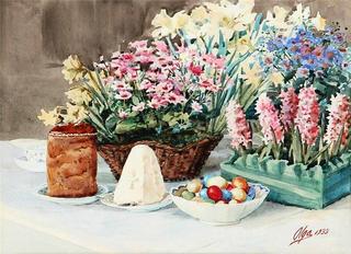 Easter table with kulich bread, cheese cake and painted eggs