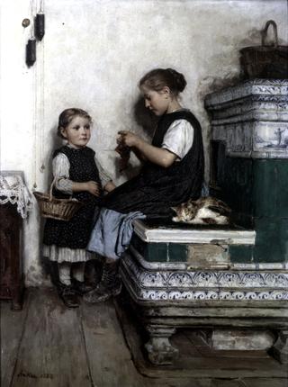 Girl Knitting girl on Bench with Little Sister