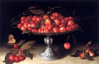 Cherries in a silver compote with crabapples on a stone ledge and a fritillary butterfly