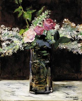 Vase of White Lilacs and Roses