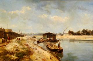 River Scene with Barges and Figures