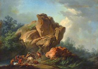Thieves attacking travelers in a mountain gorge