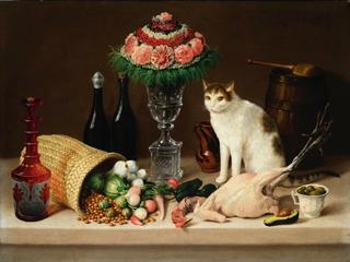 Still Life with a Cat, Flowers, Chicken and Olives