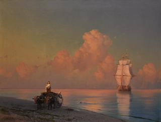 An Ox-Drawn Cart on the Shore and a Swimmer in the Shallows