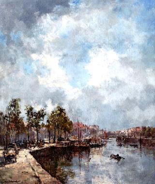 Cityscape: A Busy Sunlit Harbor in Rotterdam