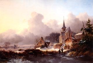 A Winter's Day in the Village with Figures on the Ice