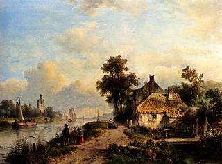 A summer landscape with figures along a waterway