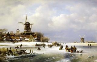 Villagers on a frozen waterway
