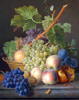 A still life with grapes and peaches in a basket, a pomegranate and plums on a marble ledge
