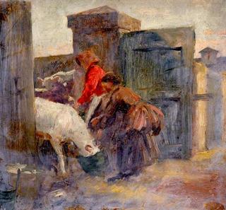 Woman Feeding Calves