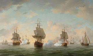 A Merchant Snow, two of the King's Ships-of-War, a Lugger and a Cutter in the Channel