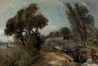 Flatford Lock on the Stour looking towards Bridge Cottage