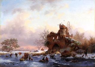 Winter Landscape with Skaters near a Dilapidated Castle