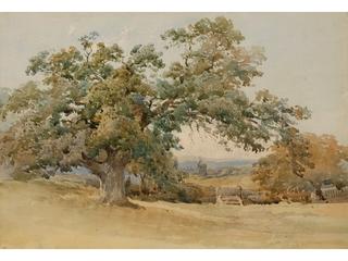 An oak tree in full leaf with a windmill on the landscape behind