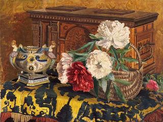 Still life with peonies and wooden casket