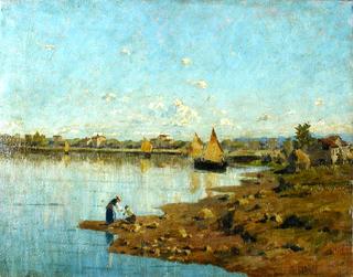 Laguna veneta con lavandaie e barche di pescatori