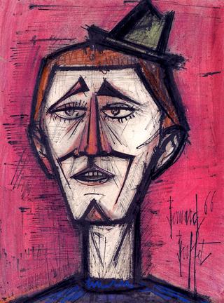 Head of a Clown with Green Hat, Red Background