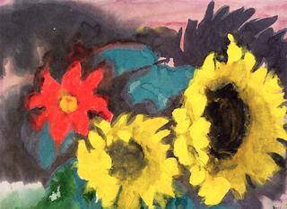 Two Sunflowers and a Red Bloosom
