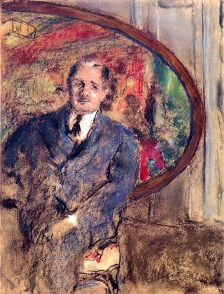 Monsieur Bénard in front of  the painting 'Le Grand Teddy'