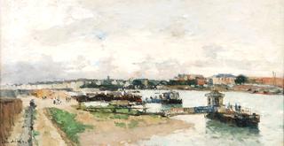 Paysage fluvial avec des bateaux et des jetées
