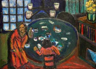 Study of figures seated at a table under a hanging light