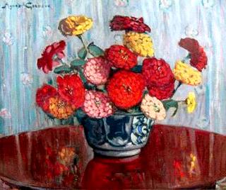 Zinnias in a Grey Vase