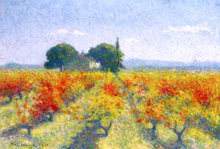 Cailhau, Vines in Autumn in front of Notre-Dame-des Prés