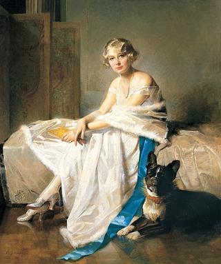 An Elegant Lady with her French Bulldog in an Interior