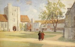 A view of Winchester College Chapel with figures walking