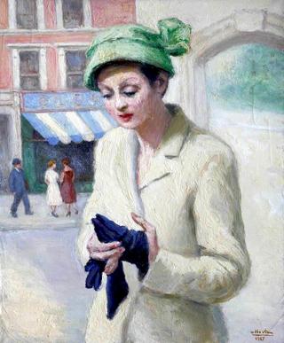 Lady in a White Suit with Blue Gloves