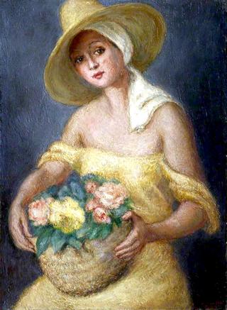 Lady in Yellow Carrying a Basket of Flowers
