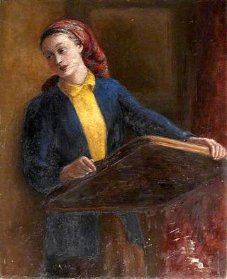 Lady with a Red Headscarf and Wooden Tray