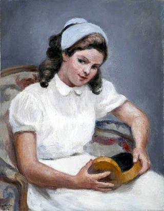 一个带圆盒子的女孩的画像