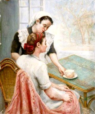 一位端着一杯茶的女士和女仆的画像