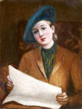 戴蓝帽子看报纸的女士画像