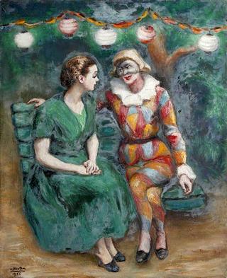 Two Seated Women, One Dressed as a Harlequin